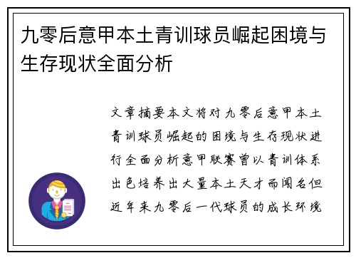 九零后意甲本土青训球员崛起困境与生存现状全面分析